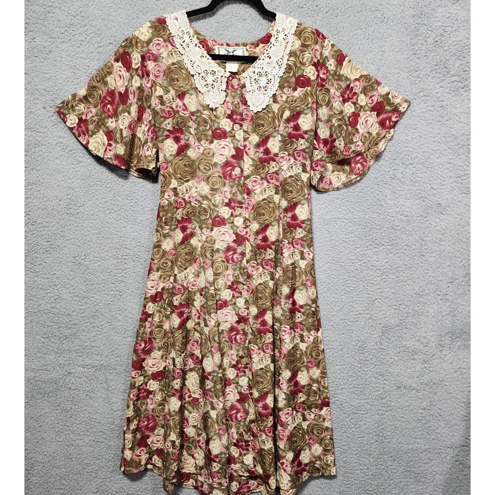 Vintage Lace Collared Flutter‎ Sleeve Floral Womens Dress Size 8 80's